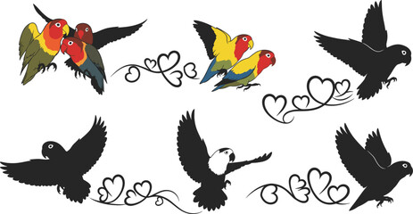Obraz premium Colorful and silhouette lovebirds with decorative heart swirls parrot flying