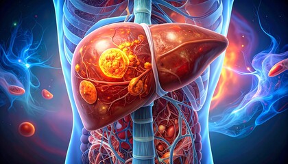 A vibrant, detailed illustration showcasing the human liver, highlighting internal structures and potential abnormalities, with a backdrop of the human anatomy