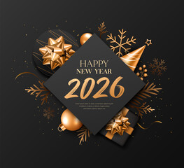 Happy new year 2026 ornaments gold and black, greeting card banner design on black background