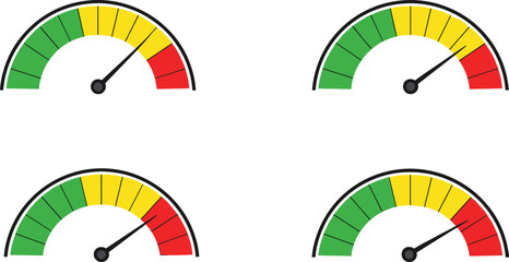 Four Gauge Meters Showing Different Levels Green Yellow Red dial indicator