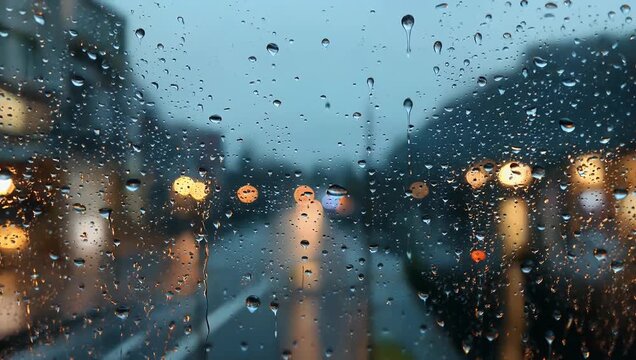 Raindrops Windowpane with City Lights Reflection