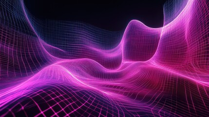 Digital landscape with glowing purple and blue grid lines
