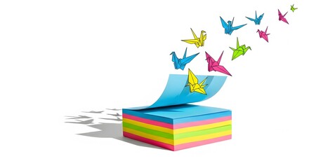 Colorful origami cranes flying from a stack of paper with copy space