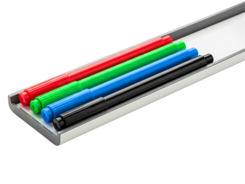 Set of colorful dry-erase markers on a whiteboard tray on a transparent background