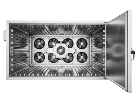 Inside an industrial blast freezer with ventilation fans on a transparent background