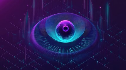 Digital eye watching data network with neon light