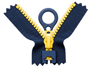 Close-up detail of an open blue and yellow plastic zip on a transparent background