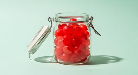 Glass jar full of red candy on soft green background  