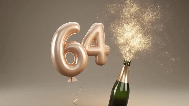 Balloon shaped as number 64, next to popping champagne bottle. Neutral colors for birthday or anniversary