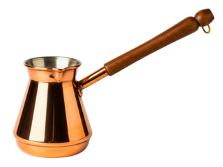 Traditional copper coffee pot with a long wooden handle on a transparent background