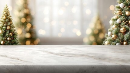 A beautifully crafted marble countertop is set against a dreamy background of soft lights and shimmering Christmas trees. The scene invites warmth and joy, perfect for holiday celebrations