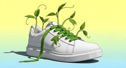 White sneaker with green laces and plants growing on yellow background - Concept of organic, nature  