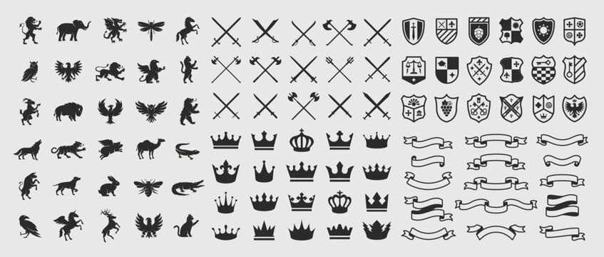 Heraldic elements set. Heraldic Animals, shields logos, retro ribbons, crown and swords icons. Heraldic elements silhouettes. Vector illustration
