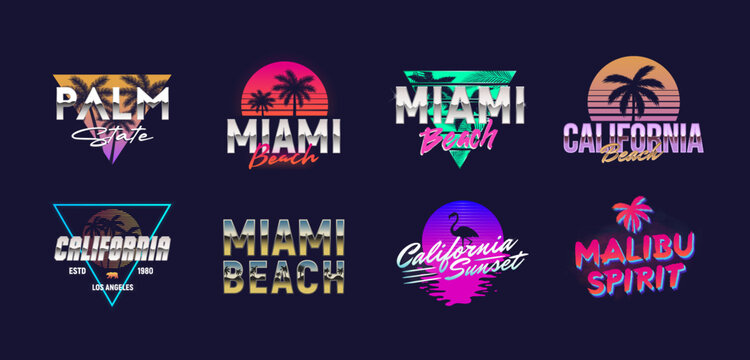 Retro neon logos set. Beach related signs, badges. California, Miami beach logo templates with palms silhouettes. Print for t-shirt. Vector illustration