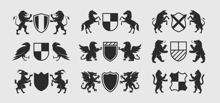 Coat of Arms logo templates with standing animals. Heraldic, Crest templates. Lion, Griffin, Goat, Horse, Bull, Cat, Bear, Goat, Dragon icons. Vector illustration