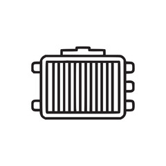 A simple black and white line drawing of a radiator with vertical fins and side attachments shown