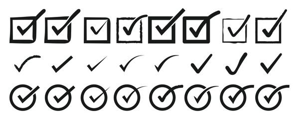 Right tick mark icon set. Yes square box x vector, flat hand drawn sketch doodle brush marker correct symbol circle. Vector Illustration , right check mark © uniqueartr