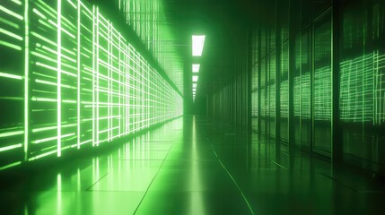 Green glowing data center server rack corridor