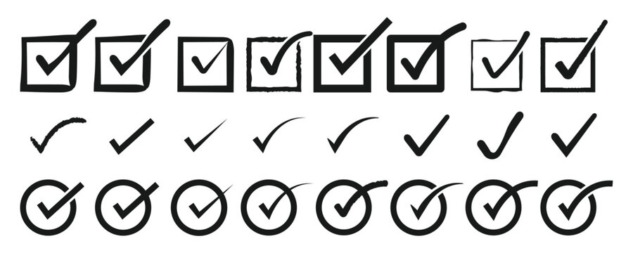Right tick mark icon set. Yes square box x vector, flat hand drawn sketch doodle brush marker correct symbol circle. Vector Illustration , right check mark
