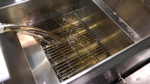 A close-up shot of a stainless steel deep fryer being filled with fresh golden cooking oil. A chef wearing black gloves prepares the fryer by inserting the basket and a thermometer.