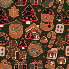 Festive seamless pattern with gingerbread cookies, Santa, snowman, gifts, candy canes, and Christmas trees. Perfect for fabrics, wrapping and crafts.