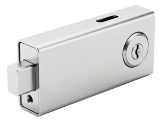 Stainless steel push plunger lock for cabinet or drawer security on a transparent background