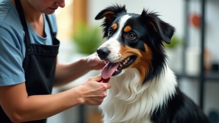 A woman gently brushes a dog's teeth with a toothbrush, promoting good oral hygiene for pets