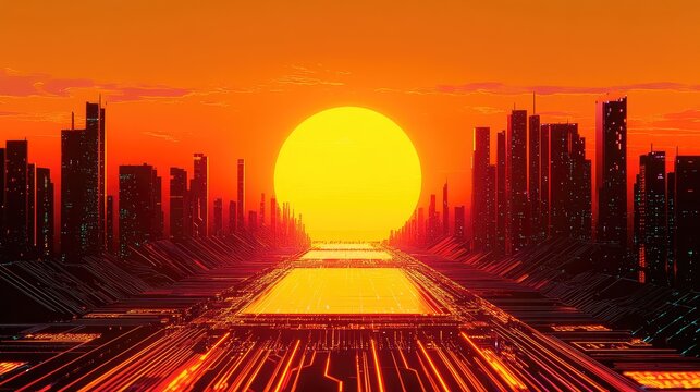 Futuristic metropolis sunset with digital highway infrastructure