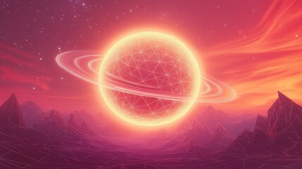 Futuristic wireframe planet glowing over alien landscape