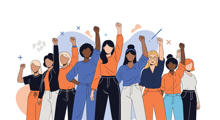 Diverse group of women united raising their fists in solidarity and empowerment.