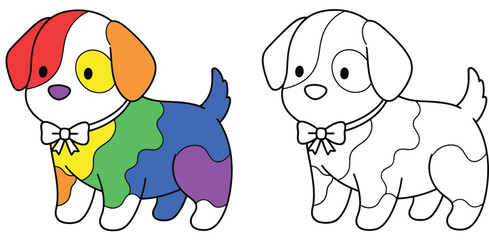 Cute Cartoon Puppy with Bow Tie - Rainbow Colors and Outline Version for Children's Coloring and Design Projects