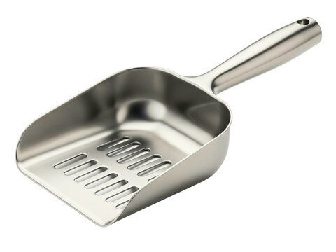 Metal pet litter scoop with slots for sifting waste cleanly on a transparent background