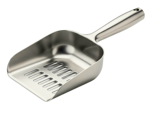 Metal pet litter scoop with slots for sifting waste cleanly on a transparent background