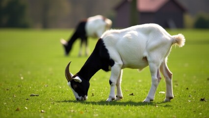 Two goats grazing in a peaceful field with a rustic barn in the background, suitable for rural or farm-themed designs