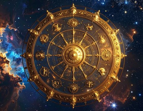 Celestial wheel of zodiac signs against a vibrant nebula background