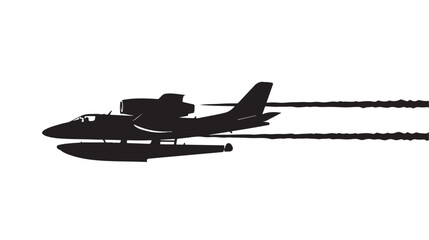 Dramatic black silhouette of a seaplane soaring through the air, leaving a trail of smoke, perfect for aviation enthusiasts or travel agencies seeking adventure and excitement, bold and striking