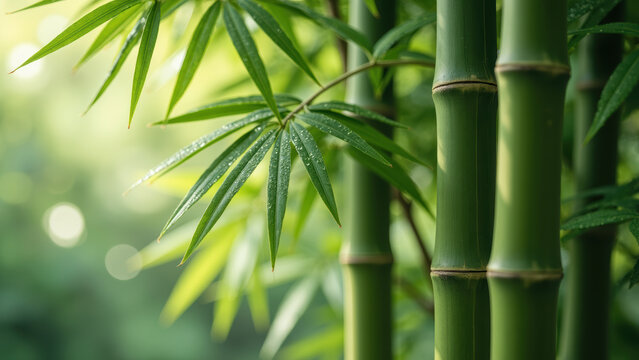 Lush green bamboo stalks and leaves create serene atmosphere, showcasing nature beauty and tranquility - Powered by Adobe