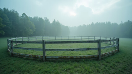Misty landscape with wooden fence surrounding grassy area, creating serene and tranquil atmosphere