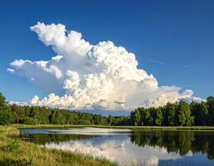 A vibrant summer landscape showcasing a bright, puffy cloud formation over a tranquil lake and tree-lined shoreline