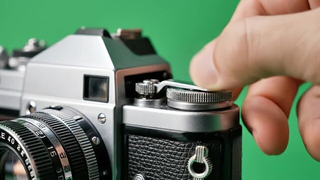 Classic film camera exposure setting manipulation, showcasing vintage photography adjustments and