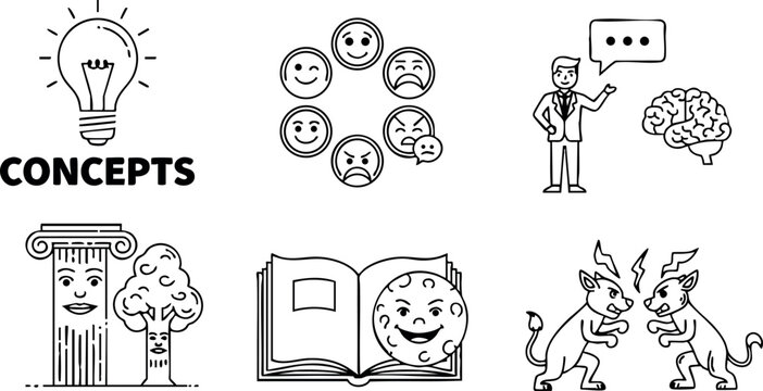 Concepts icons set with lightbulb brain emotions book devil and philosopher vector collection