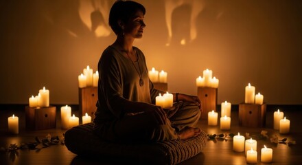 Woman Meditating Surrounded by Candles for Relaxation and Spiritual Wellness a Serene Atmosphere for Mindfulness Practices and Finding Inner Peace in the Soft Glow of Light