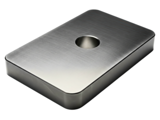 Industrial steel base plate component with a center-drilled hole on a transparent background