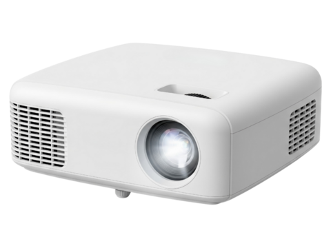 Modern white digital video projector for home theater presentations on a transparent background