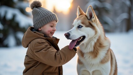 A young boy petting a friendly husky dog in a snowy environment
