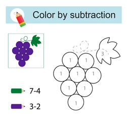 Color by subtraction. Vector illustration for children education. Cartoon grape.