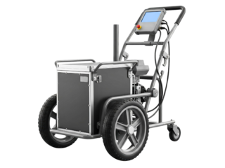 Mobile industrial laser cleaning and rust removal machine on a transparent background