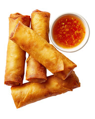fried spring roll arranged with dipping sauce in appetizing party layout, delicious fried spring roll crafted for catering menus, buffet presentations, and social event food promotions. PNG die-cut