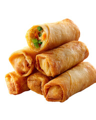 fried spring roll PNG cutout stacked in authentic street food style with visible vegetable filling, rich fried spring roll ideal for Asian flavor storytelling, street cuisine branding and snack