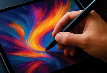 A close-up of a hand using a digital pen on a tablet, showcasing creative work.